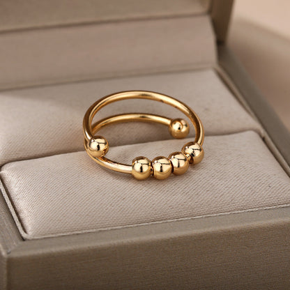 Spiral Bead Design Anxiety Relief Adjustable Ring – 18K Gold-Plated Fidget Ring
