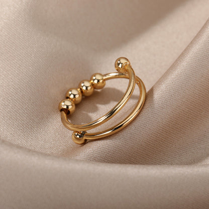 Spiral Bead Design Anxiety Relief Adjustable Ring – 18K Gold-Plated Fidget Ring